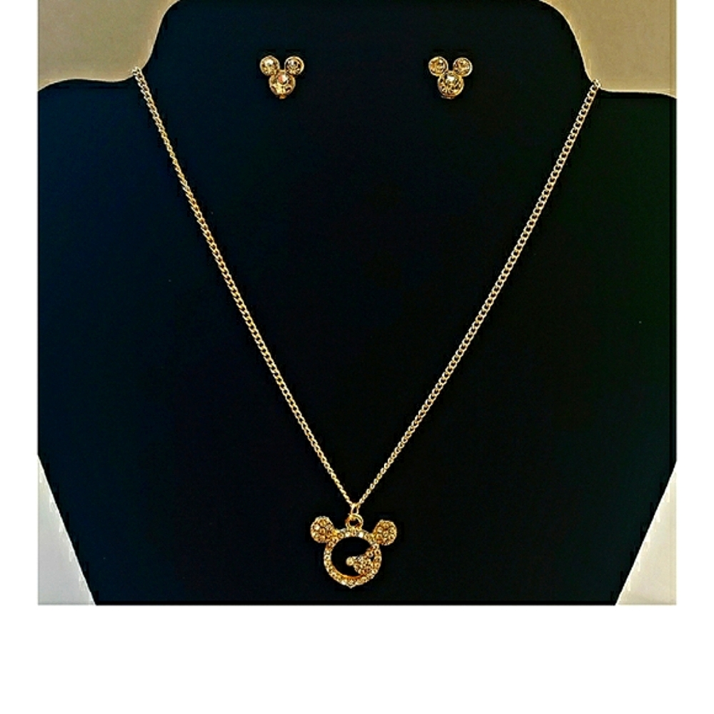 2 PCS RHINESTONE MICKEY MOUSE GOLD TONE NECKLACE & EARRINGS SET "NWOT"